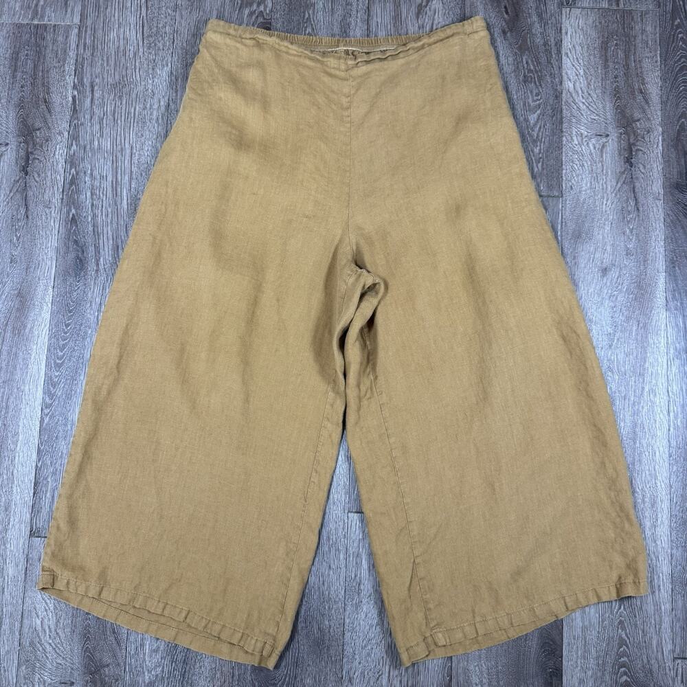 Flax 100% Linen Crop Wide Leg Pants Womens Large Brown Pockets
